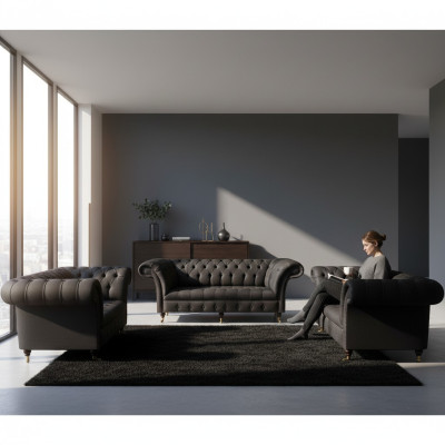 Chesterfield Zwarte Woonkamer Banken Complete Set 3-delige Set