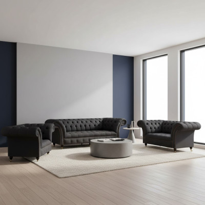 Chesterfield Zwarte Woonkamer Banken Complete Set 3-delige Set