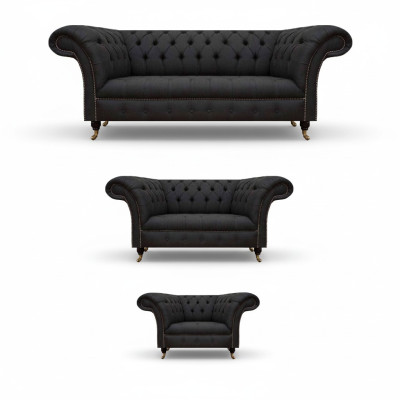 Chesterfield Zwarte Woonkamer Banken Complete Set 3-delige Set