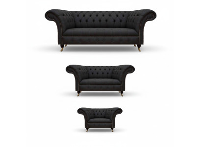 Chesterfield Zwarte Woonkamer Banken Complete Set 3-delige Set