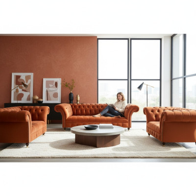 Bruine Chesterfield meubelset woonkamerset designer banken 3-delige set.