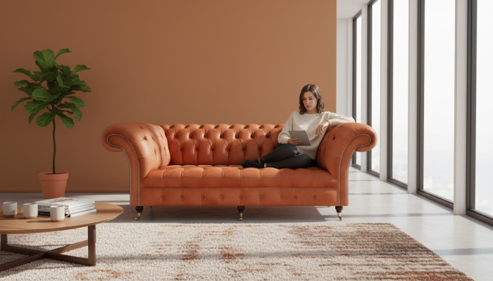 Bruine Chesterfield bank moderne driezitsbank luxe zitmeubel