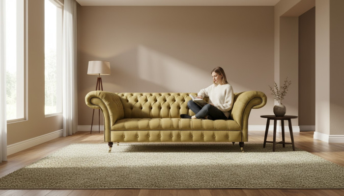 Chesterfield gele zitbank woonkamer driezitter luxe edele meubels