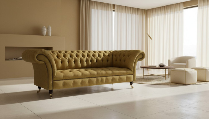 Chesterfield gele zitbank woonkamer driezitter luxe edele meubels