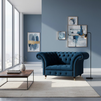 Donkerblauwe Chesterfield fauteuil woonkamer stoffeerontwerp stoel