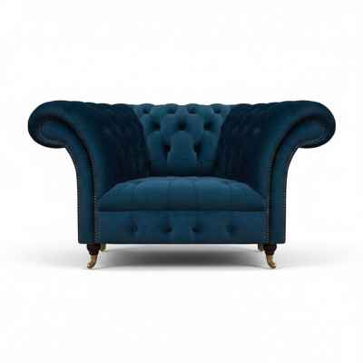 Donkerblauwe Chesterfield fauteuil woonkamer stoffeerontwerp stoel