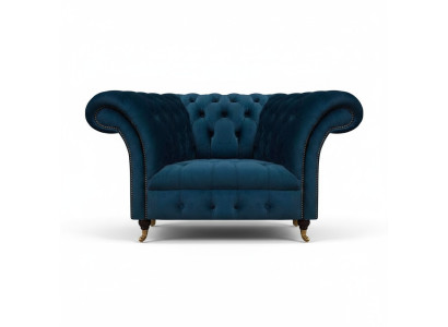 Donkerblauwe Chesterfield fauteuil woonkamer stoffeerontwerp stoel