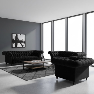 Zwarte textielbanken designer woonkamer luxe zitgroep meubelen 3-delig.