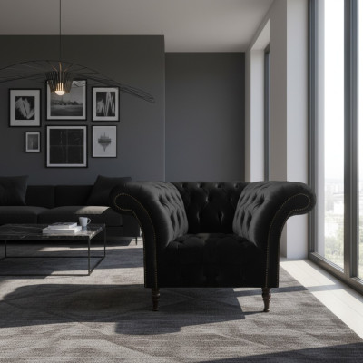 Chesterfield Zwarte Leunstoel Bekleding Woonkamer 1-Zits Nieuw