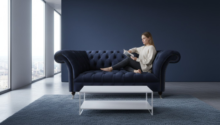 Donkerblauwe gestoffeerde Chesterfield-bank woonkamer textielsofa moderne meubels