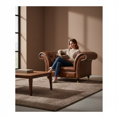 Chesterfield bruine lederen fauteuil woonkamer kunstlederen eenzitter meubel.