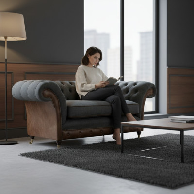 Bruin-grijze Chesterfield fauteuil woonkamer zitstoel textiel meubelen