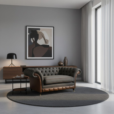 Bruin-grijze Chesterfield fauteuil woonkamer zitstoel textiel meubelen