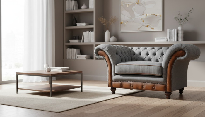 Chesterfield lichtgrijze fauteuil designer stoffen stoel textiel meubelen