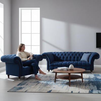 Donkerblauwe woonkamer 3-zitsbank design ligstoel Elegant 2-delig set.