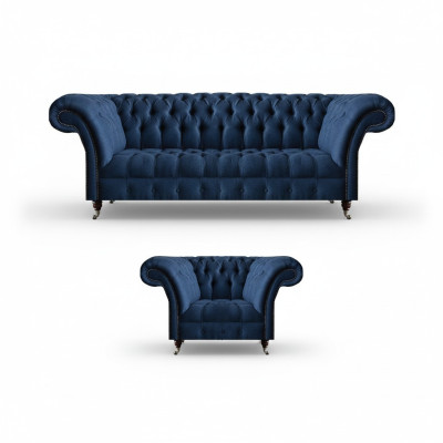 Donkerblauwe woonkamer 3-zitsbank design ligstoel Elegant 2-delig set.