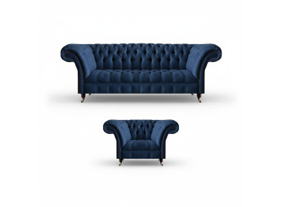 Donkerblauwe woonkamer 3-zitsbank design ligstoel Elegant 2-delig set.