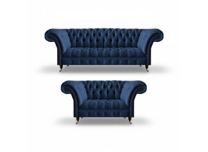 Blauwe Chesterfield bankstel textielbanken driezitsbank tweezitsbank 2-delig