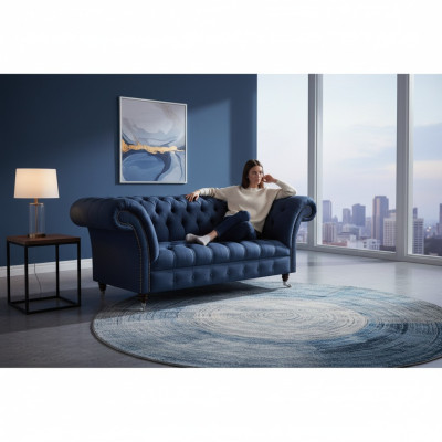 Elegante Chesterfield tweezits blauwe stoffen bank woonkamer sofas