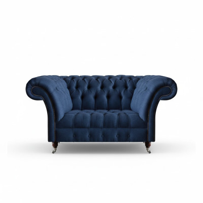 Elegante Chesterfield tweezits blauwe stoffen bank woonkamer sofas