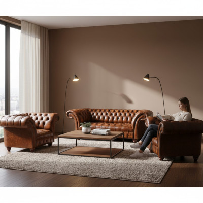 Bruine woonkamer Chesterfield set 2x lederen fauteuils Elegante driezitsbank