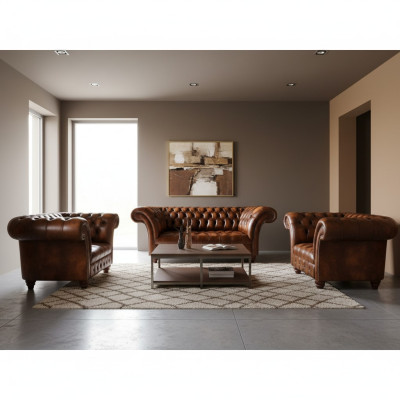 Bruine woonkamer Chesterfield set 2x lederen fauteuils Elegante driezitsbank