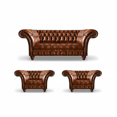 Bruine woonkamer Chesterfield set 2x lederen fauteuils Elegante driezitsbank