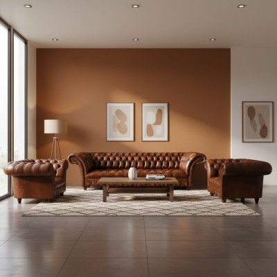 Chesterfield bruine leren set woonkamer zitbanken lederen banken 3-delig