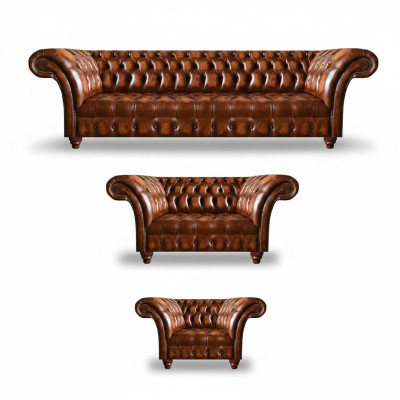 Chesterfield bruine leren set woonkamer zitbanken lederen banken 3-delig