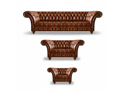 Chesterfield bruine leren set woonkamer zitbanken lederen banken 3-delig
