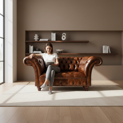 Edler Chesterfield Bruin Lederen Driezitsbank Woonkamer Zitbanken Nieuw