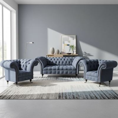 Chesterfield set grijze gestoffeerde zitmeubelen 2x leunstoel driezitter