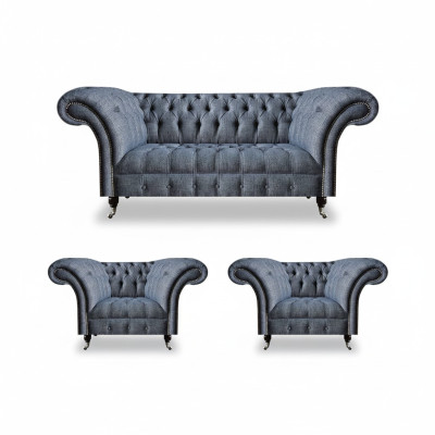 Chesterfield set grijze gestoffeerde zitmeubelen 2x leunstoel driezitter