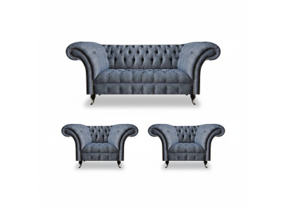 Chesterfield set grijze gestoffeerde zitmeubelen 2x leunstoel driezitter
