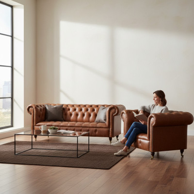 Bruine stijlvolle Chesterfield-leren sofa's complete zithoek 2-delig.