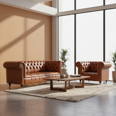 Bruine stijlvolle Chesterfield-leren sofa's complete zithoek 2-delig.