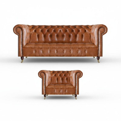 Bruine stijlvolle Chesterfield-leren sofa's complete zithoek 2-delig.