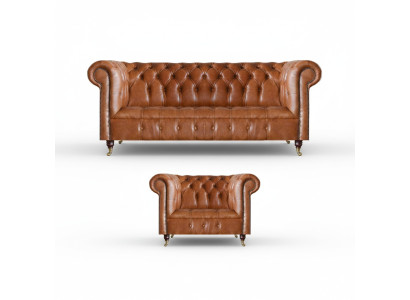 Bruine stijlvolle Chesterfield-leren sofa's complete zithoek 2-delig.