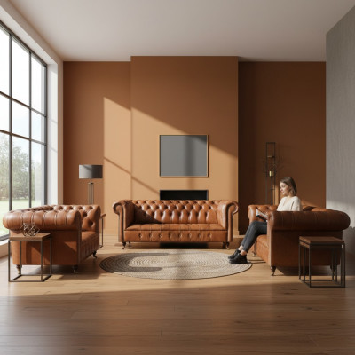 Bruine Chesterfield Leren Sofa's Designer Woonkamer Banken Meubelset 3-delig