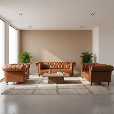 Bruine Chesterfield Leren Sofa's Designer Woonkamer Banken Meubelset 3-delig