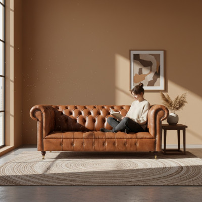 Chesterfield lederen zitmeubel bruine driezitter woonkamer edele sofa's