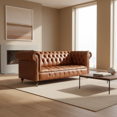 Chesterfield lederen zitmeubel bruine driezitter woonkamer edele sofa's