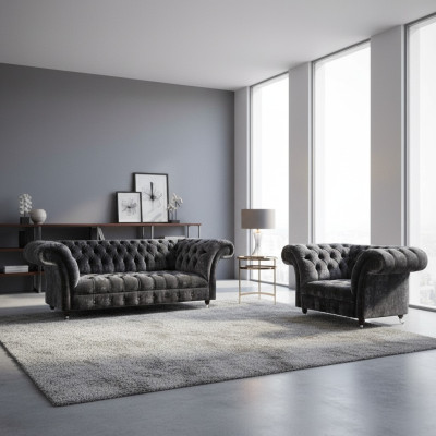 Chesterfield gestoffeerde meubels woonkamer textiel driezitter stijlvolle fauteuil 2 delig