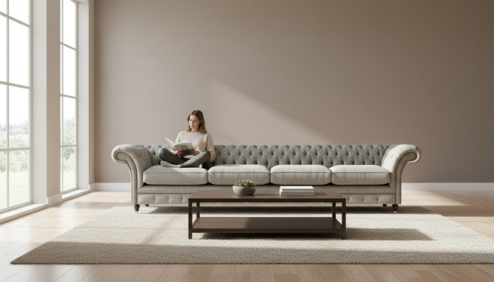 Lichtgrijze Chesterfield gestoffeerde sofa Designer 4-zitstextiel meubels.