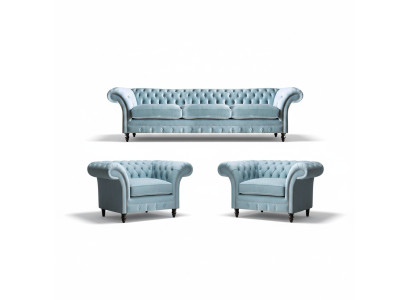 Chesterfield gestoffeerde zitmeubelen blauwe bankstel 3-zits 2x fauteuils