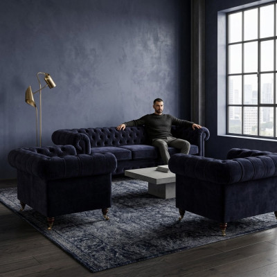 Blauwe Chesterfield bankstel designer 3-zitter 2x fauteuils 3-delig.
