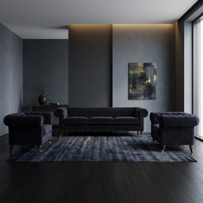Blauwe Chesterfield bankstel designer 3-zitter 2x fauteuils 3-delig.