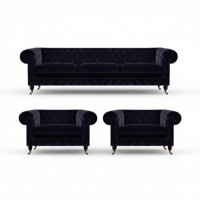 Blauwe Chesterfield bankstel designer 3-zitter 2x fauteuils 3-delig.