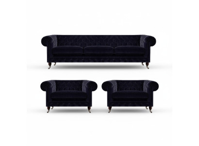 Blauwe Chesterfield bankstel designer 3-zitter 2x fauteuils 3-delig.