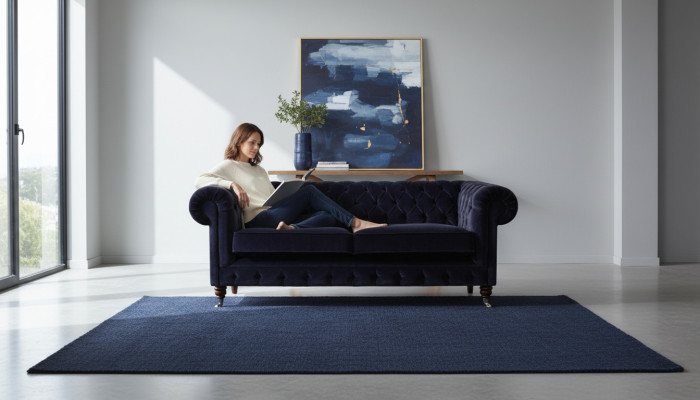 Donkerblauwe Chesterfield tweezitter woonkamer elegant stoffen bank couch
